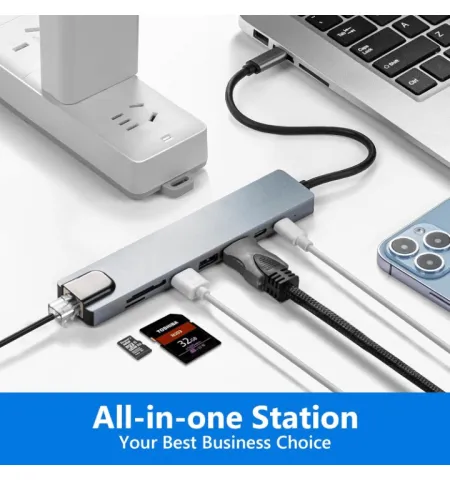 8 In 1 USB Hub C To HDMI RJ45 Adapter