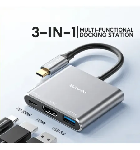 BAVIN O55 3In1 TYPE C To HDMI 4K HUB With USB Port 3.0 100W PD USB-C Port HDTV