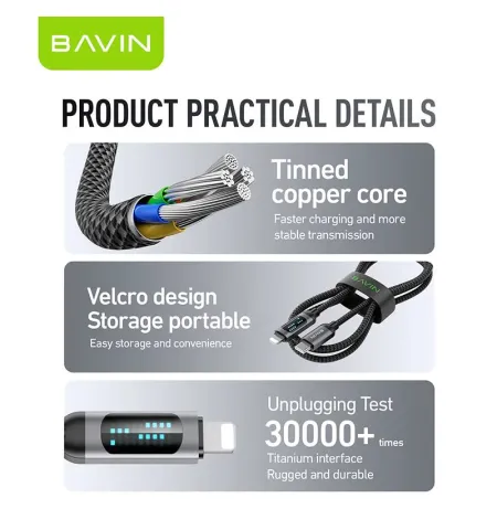 BAVIN CB377 1M PD Fast Charging Data Cable 30W With LED Display Nylon Braided