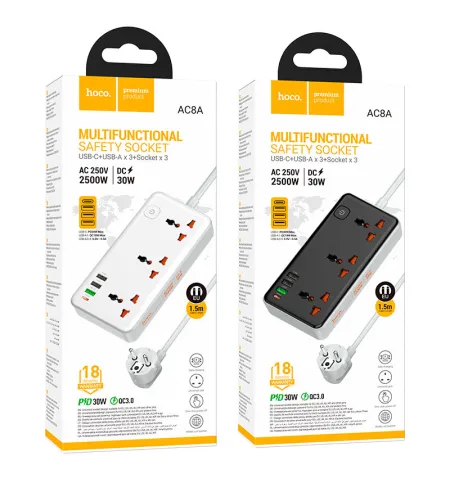 Hoco AC8A Power Strip PD30W + QC3.0 + 3 Sockets Multiplug