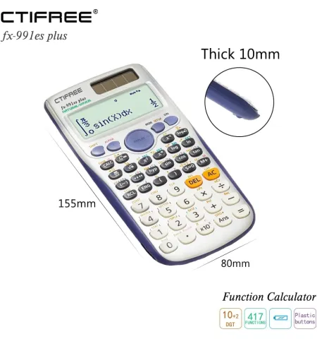 CTIFREE CT 991ES Plus Scientific Calculator 417 Function 2 Line 10+2 Digits Written Display Solar Scientific Calculator