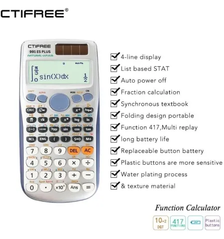 CTIFREE CT 991ES Plus Scientific Calculator 417 Function 2 Line 10+2 Digits Written Display Solar Scientific Calculator