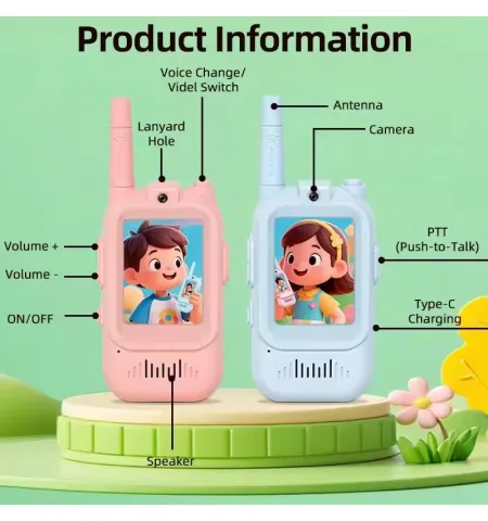 HD Video Walkie Talkie For Kids 2-Pack Rechargeable Two-Way Intercom with Camera
