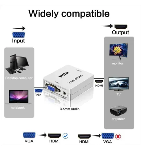 Mini VGA to HDMI Adapter VGA2HDMI Converter Connector With Audio For PC Laptop To HDTV Projector