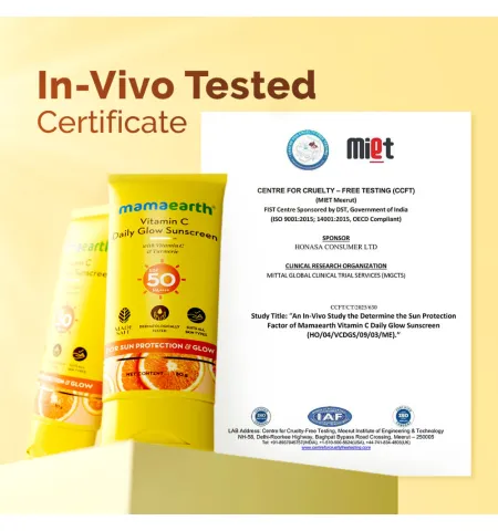 Mamaearth Vitamin C Daily Glow Sunscreen SPF 50 PA+++ for Tan Protection - In-Vivo tested